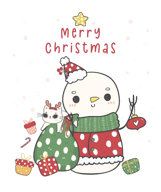 Vettore simpatico pupazzo di neve babbo natale con borsa di regali e gatto buon natale cartone animato disegno a mano doodle contorno illustrazione vettore