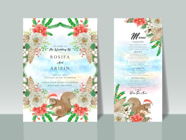 cute christmas scene with winter town and characters watercolor invitation card