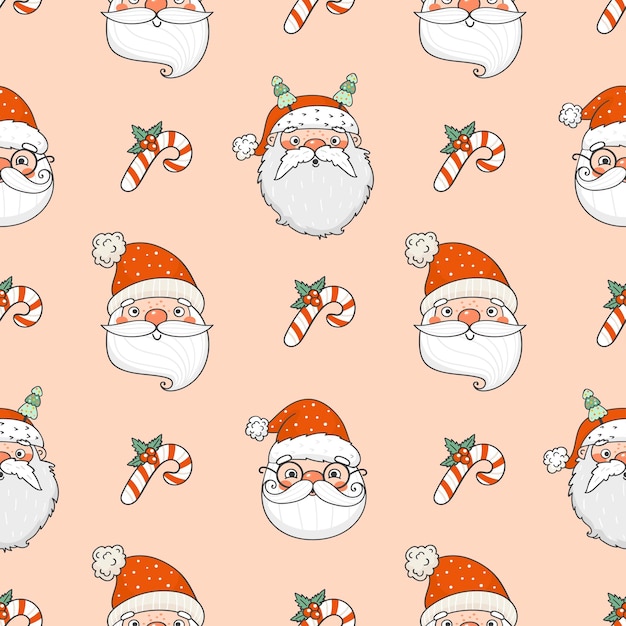 Cute Christmas seamless pattern with Santa Clause faces in hand drawn style