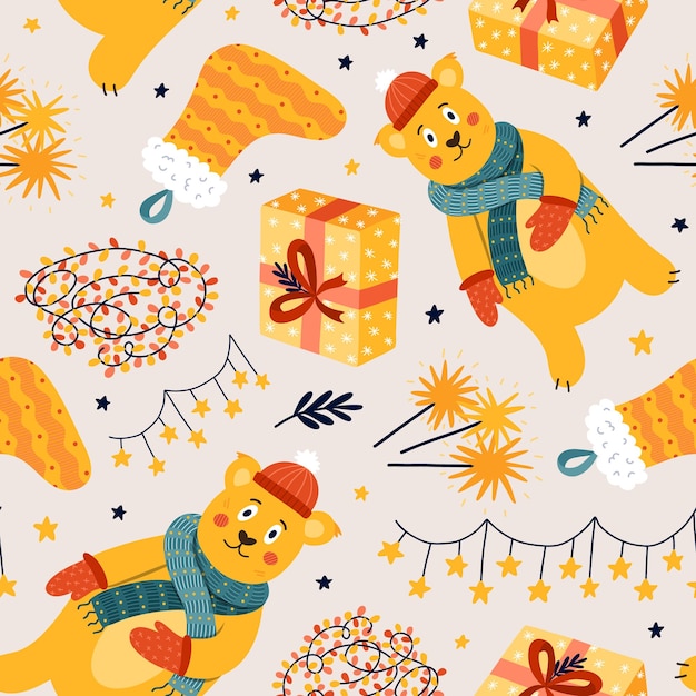 Cute Christmas seamless pattern with vector hand drawn holiday illustrations of Can be used for wrapping paper bedclothes notebook packages