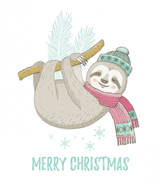 Cute christmas sloth. for greeting card or t-shirt print design.