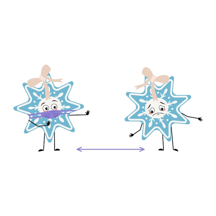Vector cute christmas snowflake with sad emotions, face and mask keep distance, arms and legs. joyful new year festive decoration with eyes