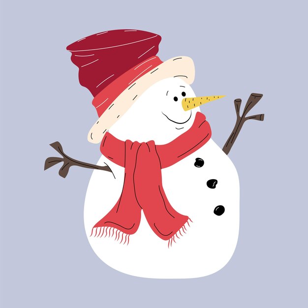 Cute Christmas snowman in hat and scarf. Funny character. Isolated flat vector illustration.