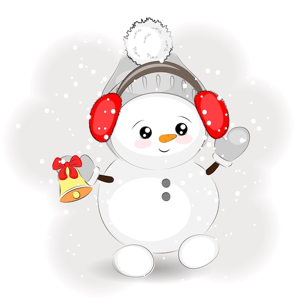 Милый рождественский снеговик с векторной иллюстрацией колокольчика и меховых наушников