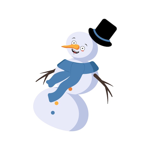 Simpatico pupazzo di neve di natale con emozioni gioiose, faccia sorridente, danza, occhi felici, braccia e gambe. gioiosa decorazione festiva di capodanno con espressione gentile