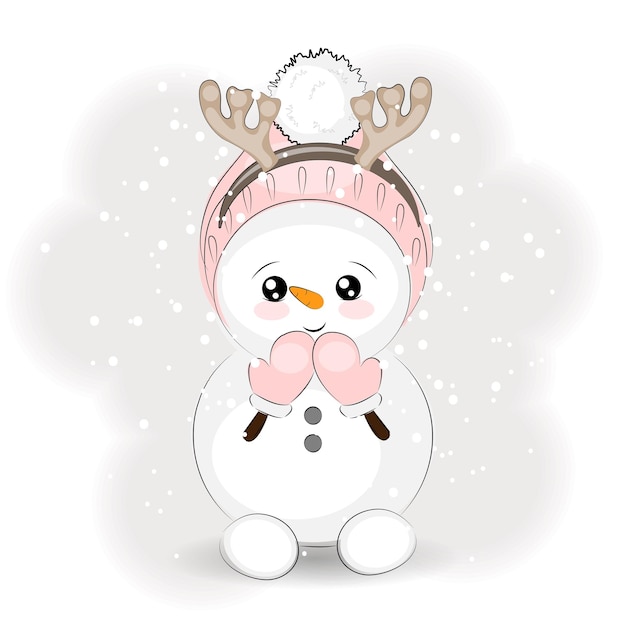 Cute Christmas snowman with reindeer antlers vector illustration