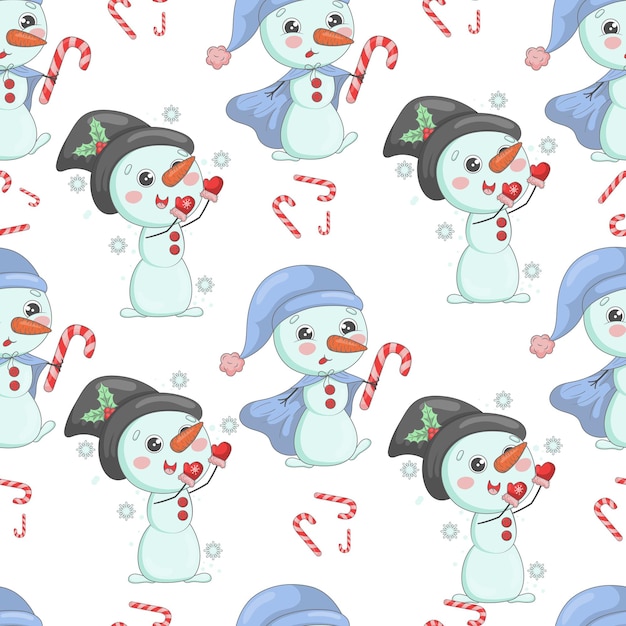 cute christmas snowmen in knitted hats cartoon seamless pattern