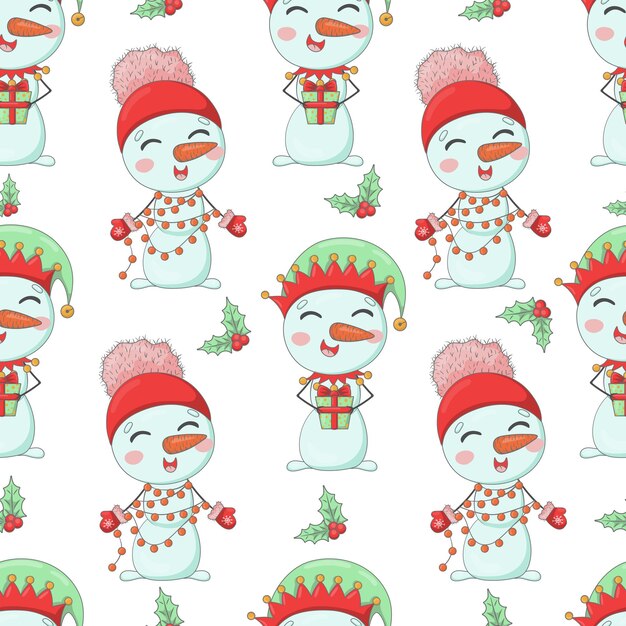 Cute christmas snowmen in knitted hats cartoon seamless pattern