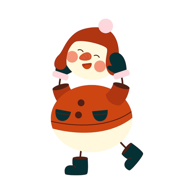 Cute christmas snowmen in warm scarve, mittens. Cheerful happy snowmen in costume holding his head 