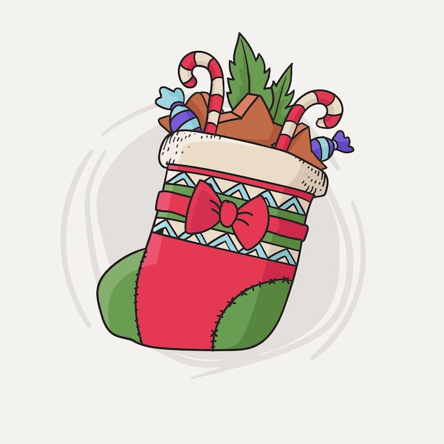 Vector cute christmas stocking with candy and red ribbon