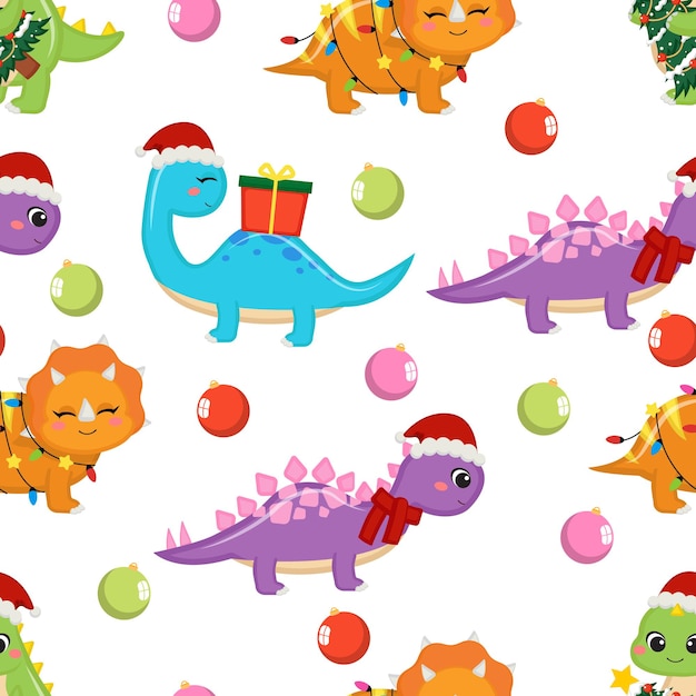 Cute Christmas theme dinosaurs seamless pattern