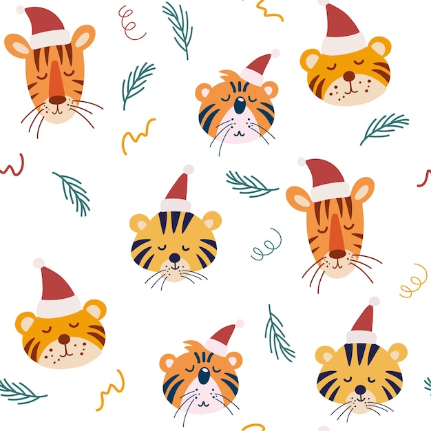 かわいいクリスマスの虎のシームレスなパターン。クリスマスの帽子をかぶったトラの銃口。キッズアパレル、ファブリック、テキスタイル、保育園の装飾、包装紙に最適です。ベクトルイラスト。