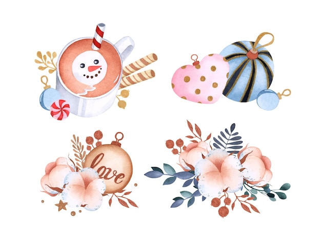 Cute Christmas toys and cacao watercolor compositions set