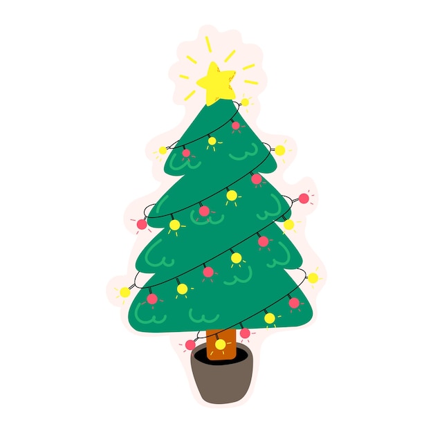 Cute christmas tree doodle illustration christmas stiker