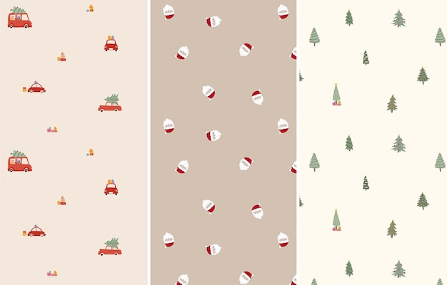 Vector cute christmas tree festive santa seamless pattern collection wrapping paper design