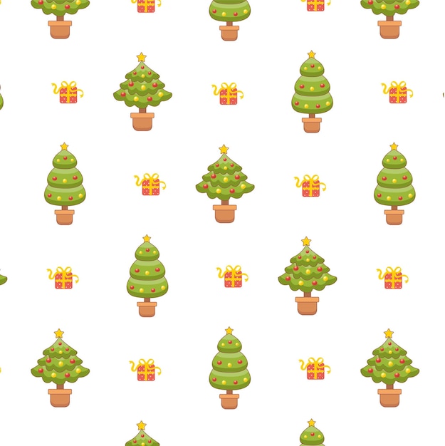 Cute christmas tree and gift present doodle seamless pattern