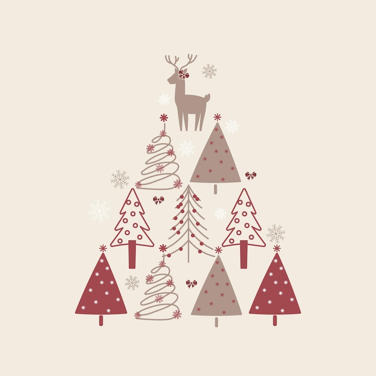Cute Christmas tree Reindeer Bow Coquette and Snowflake in Simple Pyramid Style Design