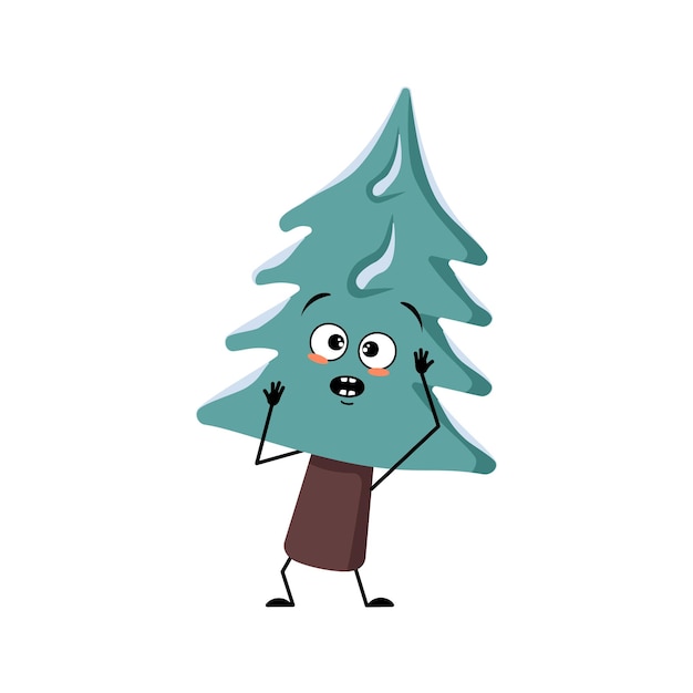 Cute christmas tree with emotions in a panic grabs his head, surprised face, shocked eyes, arms and legs. new year festive decoration, fir with scared expression