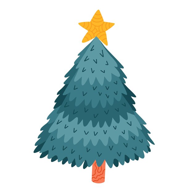 Cute christmas tree with trunk and star Hand drawn vector clipart isolated Can be used for posters greeting card print on fabric banner stickers Concept of Christmas wintertime holiday