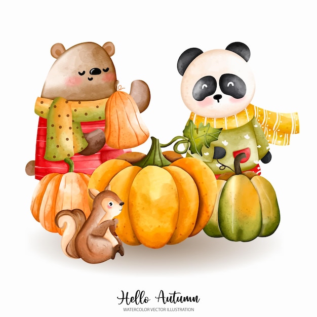 Cute Christmas Watercolor Bear Panda Teddy Autumn or Fall Animal Watercolor illustrationxDxA