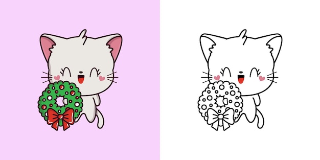 Cute christmas white cat illustration and for coloring page cartoon stickers new year kitty