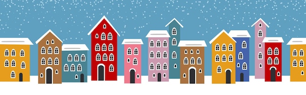 Vector cute christmas and winter houses snowy night in cozy christmas