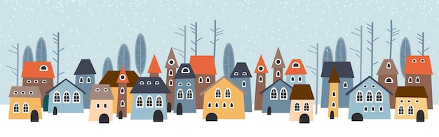 Vector cute christmas and winter houses snowy night in cozy