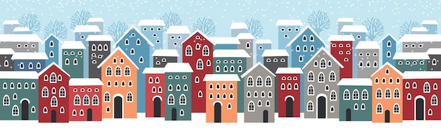 Vector cute christmas and winter houses snowy night in cozy