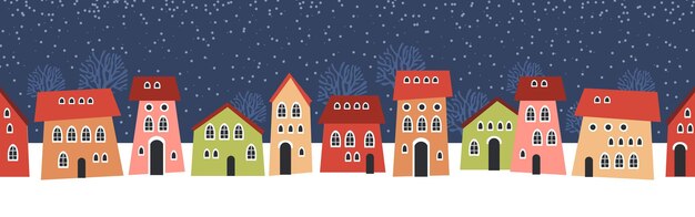 Vector cute christmas and winter houses snowy night