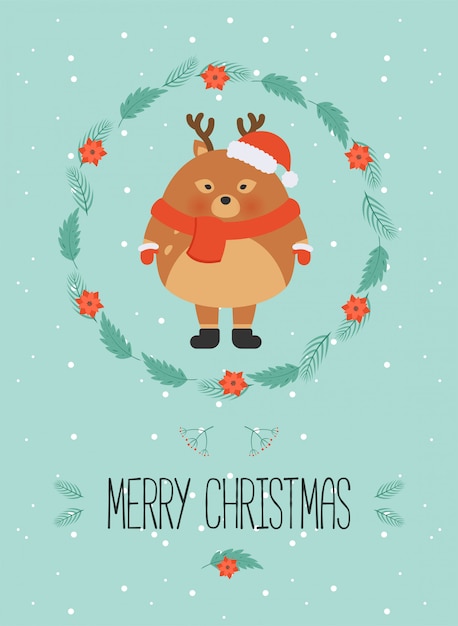 Cute christmas woodland character. Merry christmas card with cute deer in winter clothes