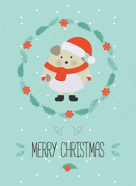 Cute christmas woodland character. Merry christmas card with cute puppy in winter clothes