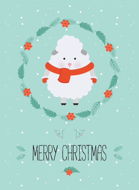 Cute christmas woodland character. Merry christmas card with cute sheep in winter clothes