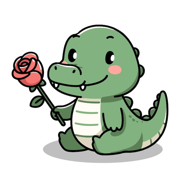 Vector cute chrocodille with red rose cartoon icon illustration