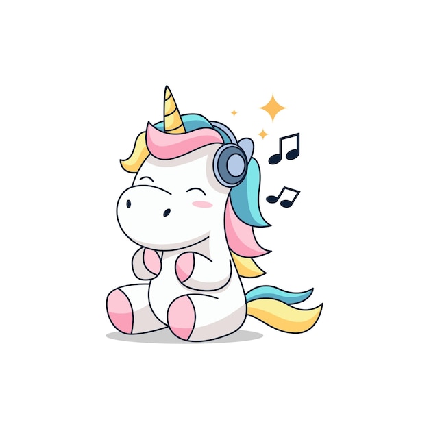 Vector cute chubby cartoon unicorn listening music