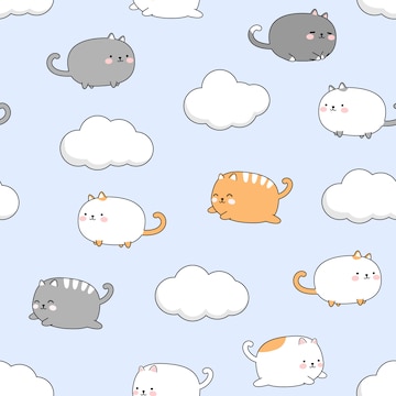 Premium Vector | Cute chubby cat kitten on sky cartoon doodle seamless ...
