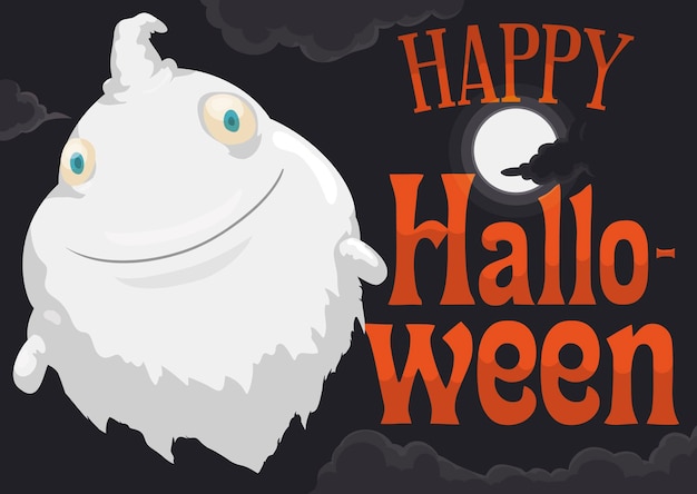 Cute chubby ghost flying in a misty halloween night with full moon