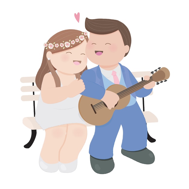 Cute chubby wedding couple playing guitar