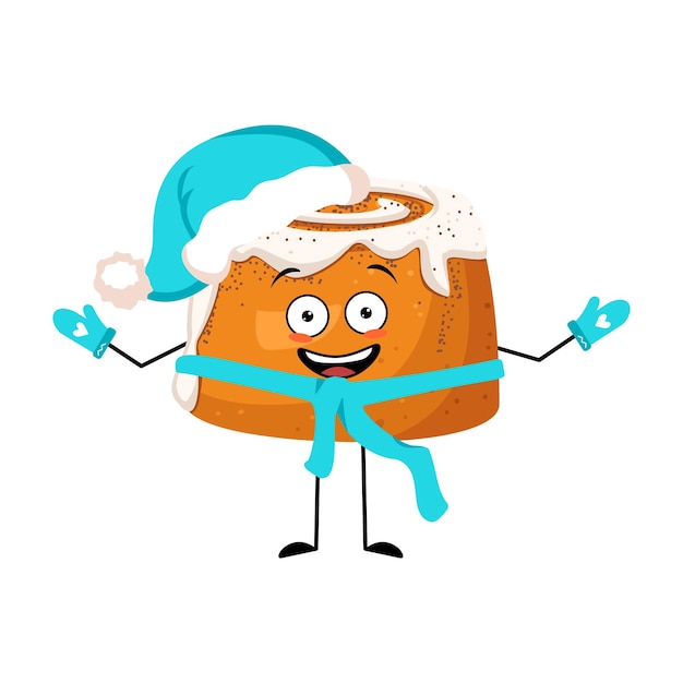 Vector cute cinnamon pastry bun character with joyful emotions happy face smile eyes arms and legs in santa...