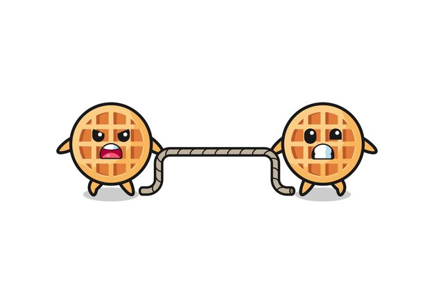 Cute circle waffle character is playing tug of war game