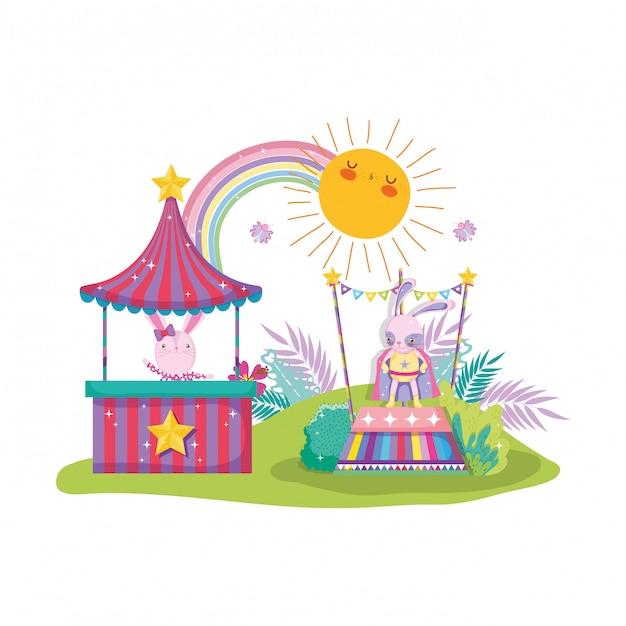 Vector cute circus rabbit with layer and kiosk