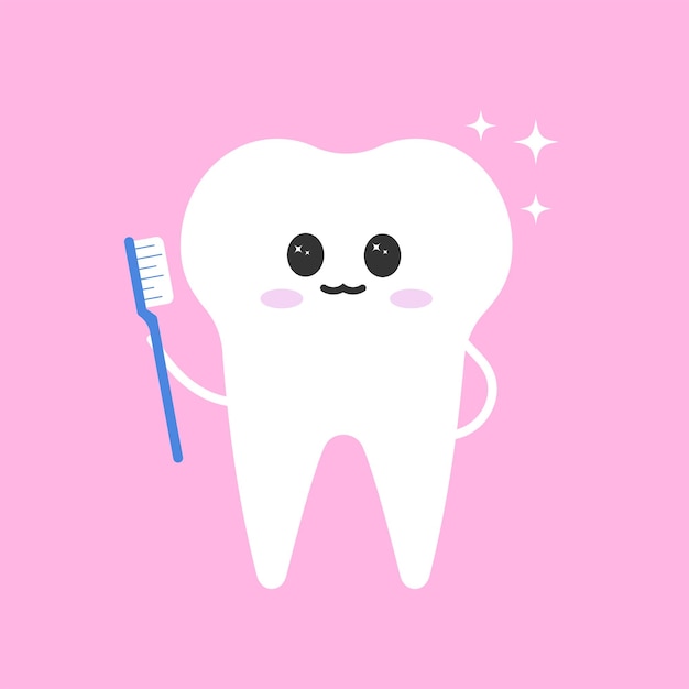 Cute clean tooth with toothbrush Tooth character White tooth vector illustration happy and smile.