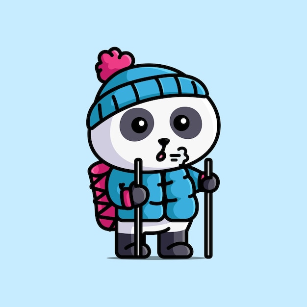 비니와 따뜻한 재킷 만화 삽화를 입고 막대기를 들고 있는 귀여운 등반가 팬더