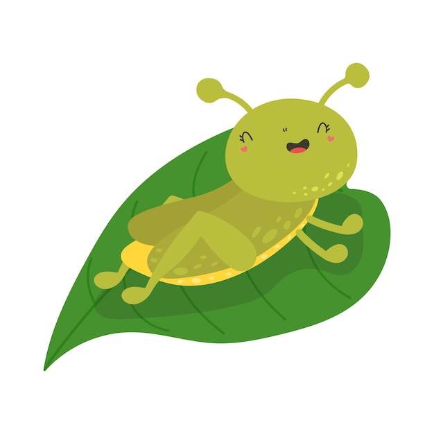 Cute Clipart Grasshopper Illustration in Cartoon Style.  Cartoon Clip Art Grasshopper on a Leaf.