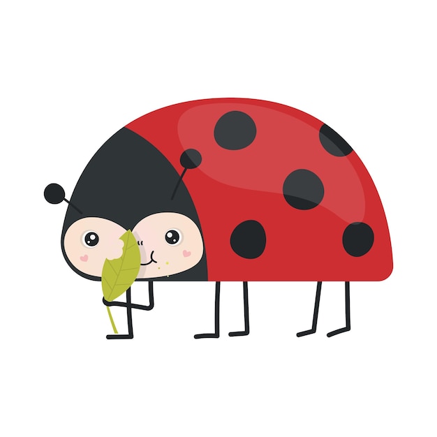 Vettore carino clipart coccinella illustrazione in stile cartone animato. cartoon clip art coccinella mangia una foglia.