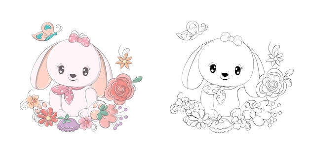 귀여운 클립 아트 토끼 그림 및 색칠 공부 페이지. 만화 토끼 그림