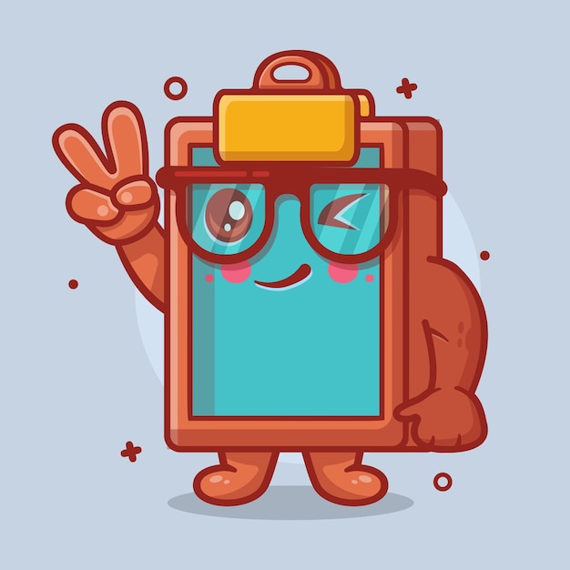 cute clipboard character mascot with peace sign hand gesture isolated cartoon in flat style design