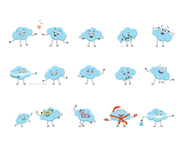 Cute cloud character with happy or sad emotions panic loving or brave face hands and legs