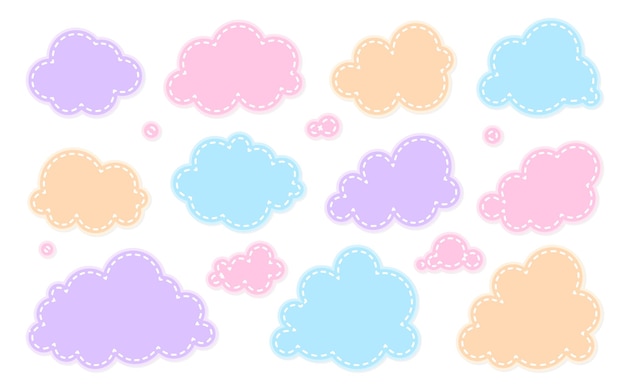 Cute cloud sticker with patch pastel color kid style flat cartoon set. empty baby banner card poster