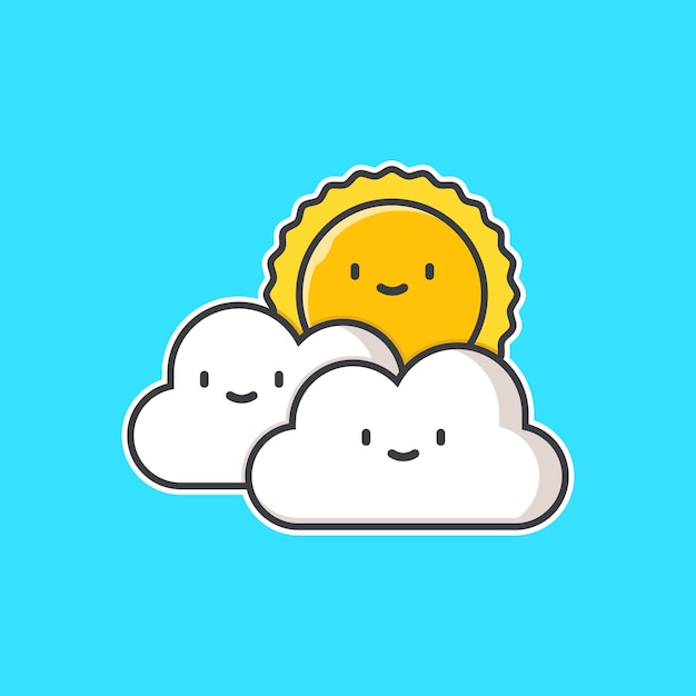 可愛的雲和太陽卡通向量圖標插圖孤立的物體