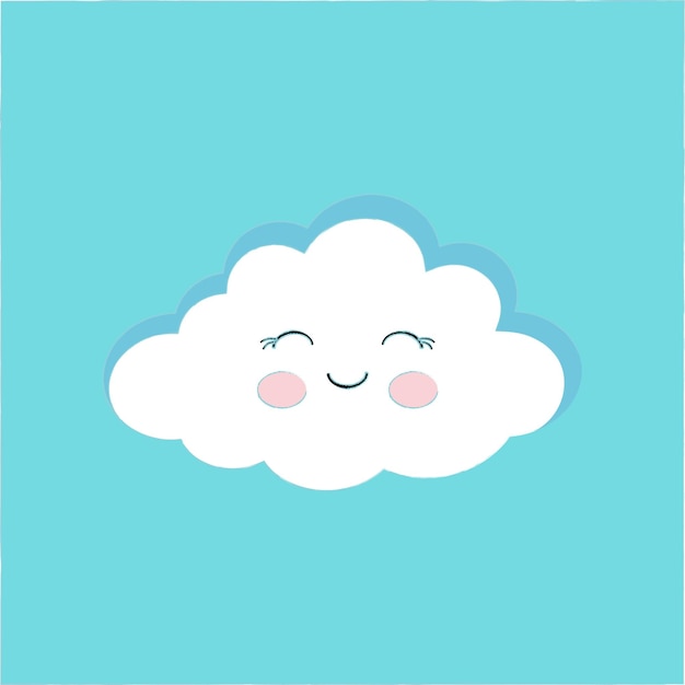 Cute cloud with a smile on blue isolated background White cartoon cloud for kids vector illustration